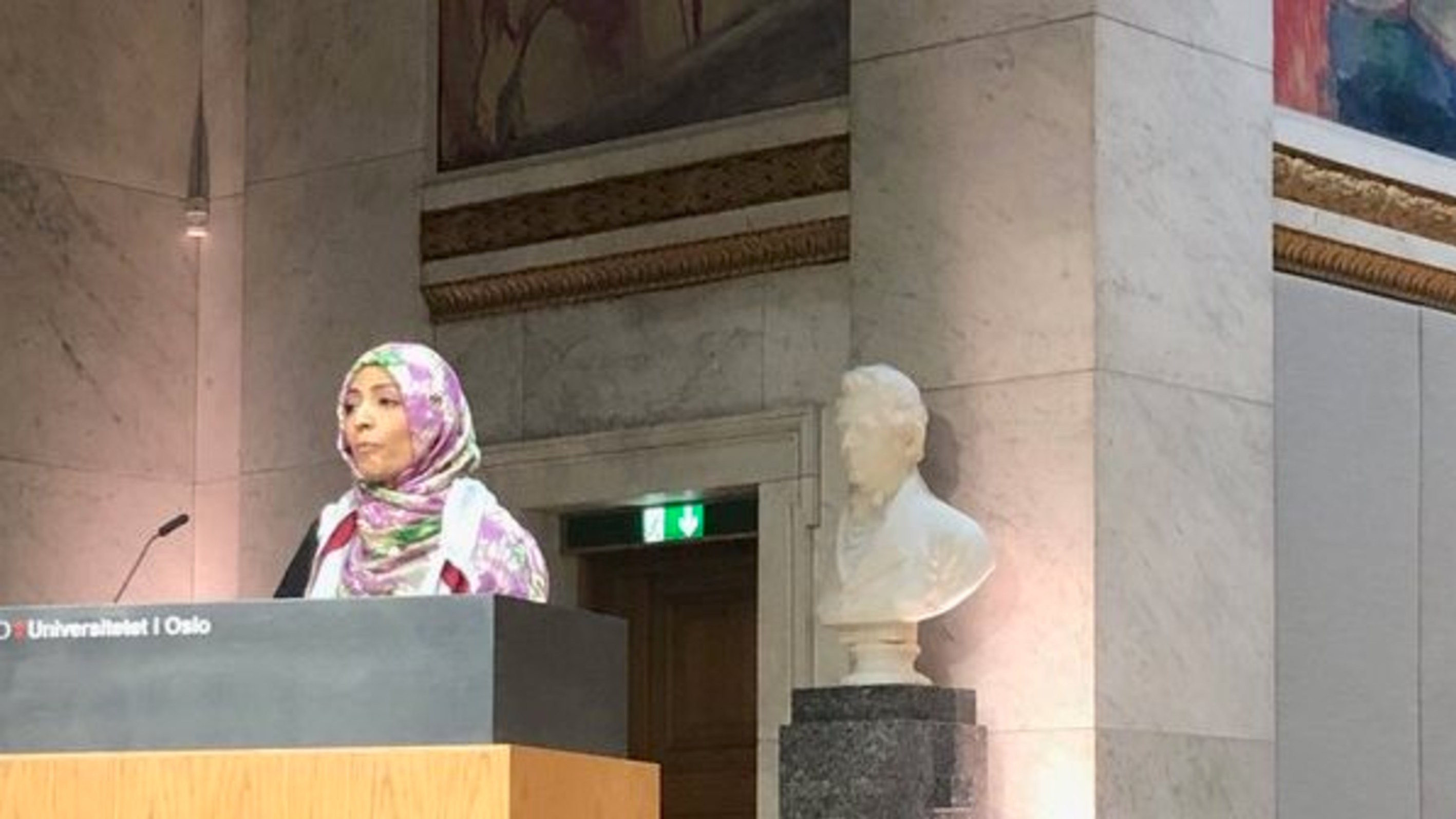 كلمة الناشطة الحائزة على جائزة نوبل للسلام توكل كرمان بعنوان "الحرب في اليمن وسبل السلام" أمام مؤسسة نوبل - النرويج